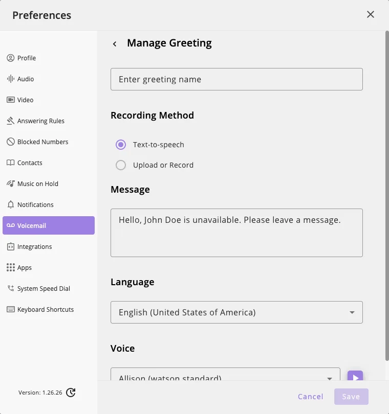 The Manage Greeting screen in Preferences → Voicemail with Text-to-speech and Upload or Record options