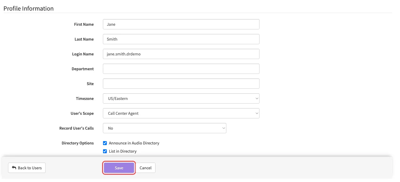 A user's Profile tab with Call Center Agent selected in User's Scope and the Save button highlighted