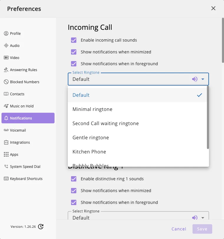 The Notifications section with the Incoming Call ringtone menu open