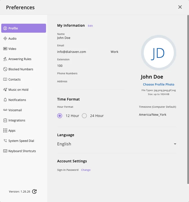 The Preferences page with the list of sections down the left side