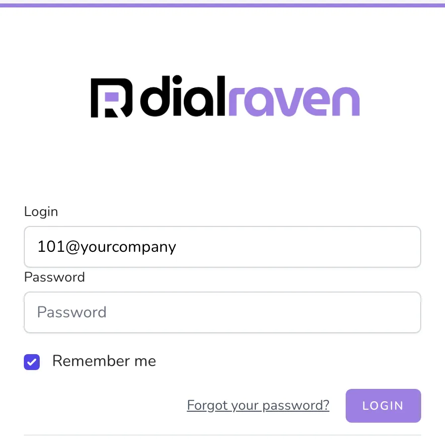 The ConnectUC sign-in screen with a sample username, 101@yourcompany, in the Login box