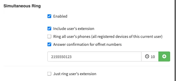 The Simultaneous Ring section with a sample cell number added, a 10-second ring delay, and Answer confirmation for offnet numbers checked