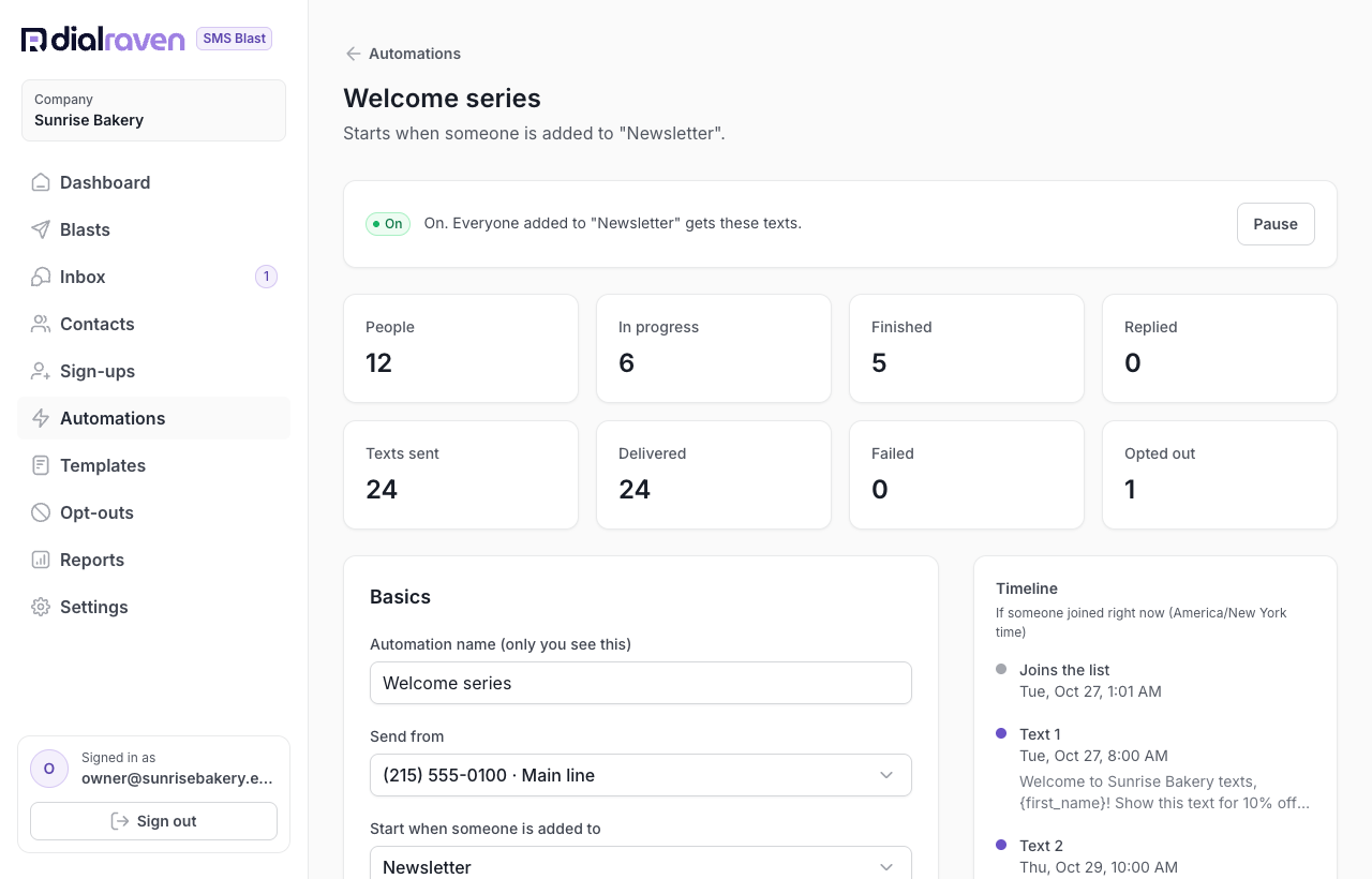 An automation's page with people, texts and link clicks