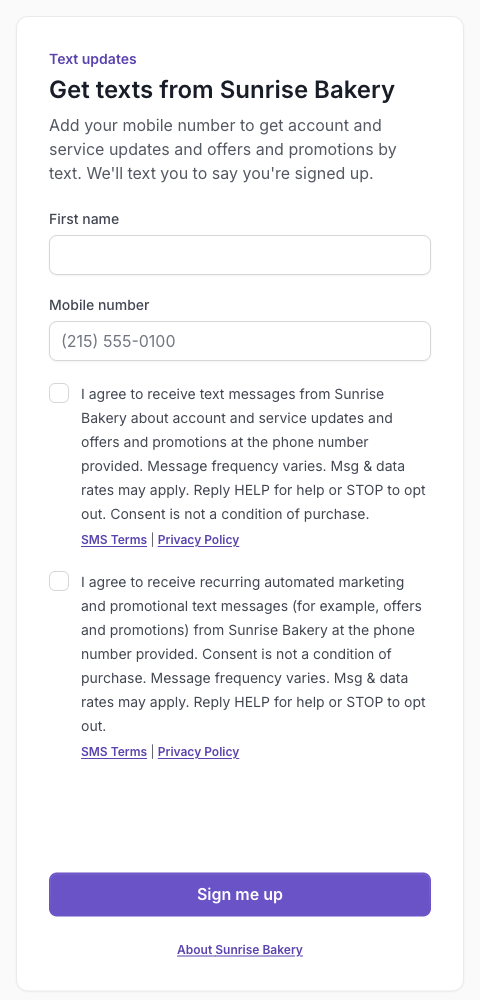 A business's hosted sign-up form, with the consent boxes and links to its SMS Terms and Privacy Policy