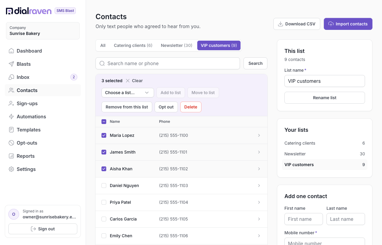 Selected contacts with the Add to list and Move to list actions