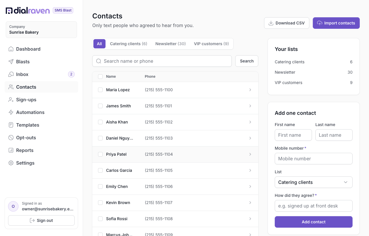 The Contacts page with list tabs, search and the contact table