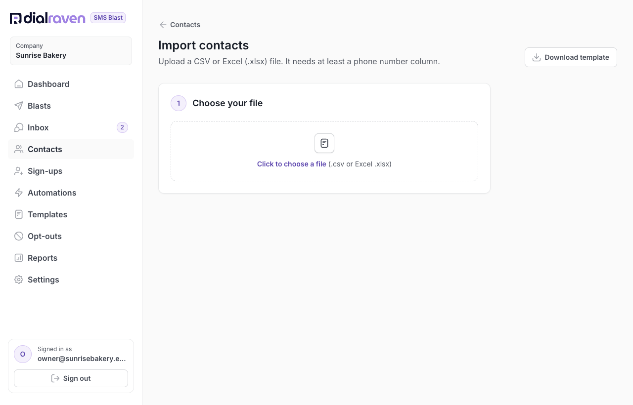 The Import contacts page with the Download template button