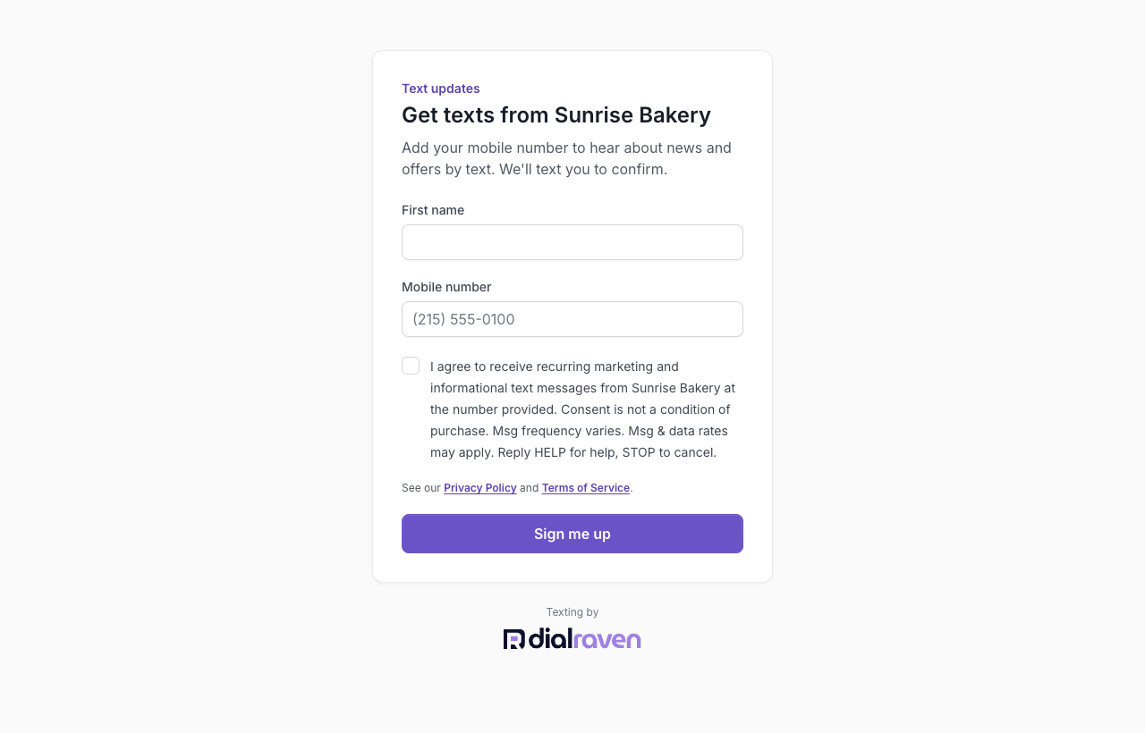 A business's public sign-up page