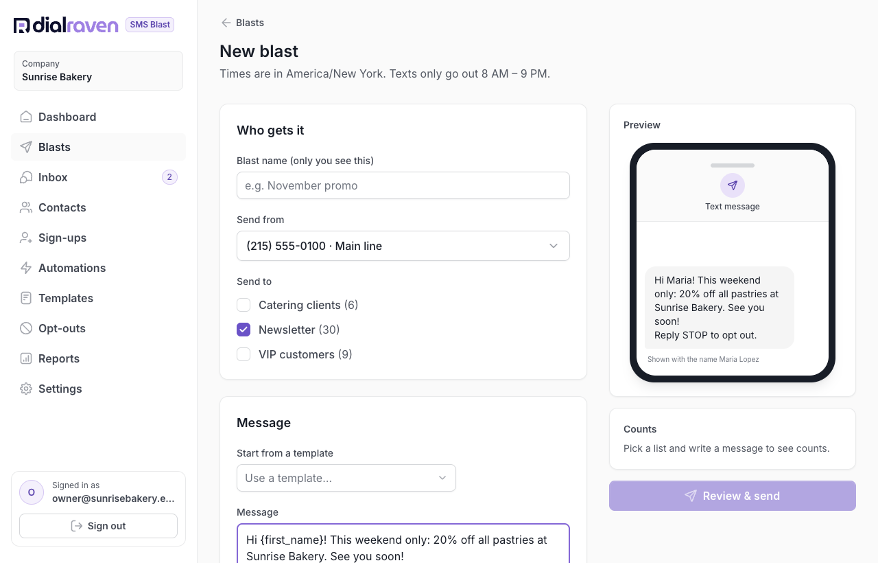 Writing a blast with the message preview and recipient count