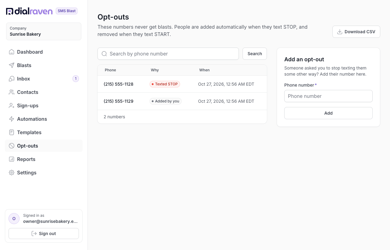 The Opt-outs page