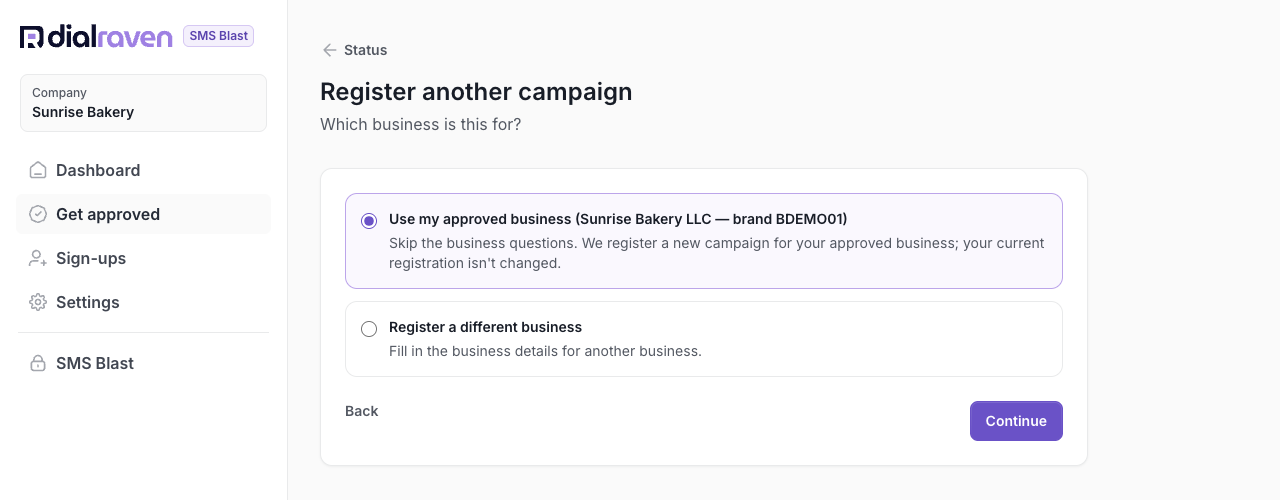 Register another campaign: reuse your approved business or register a different one