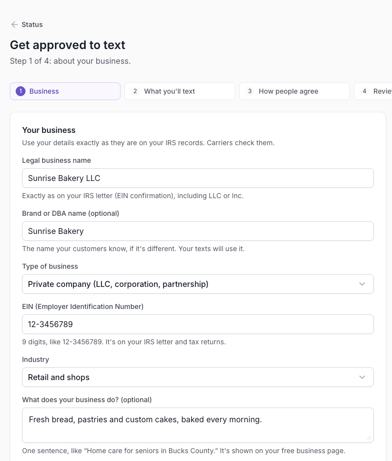 Step 1 of the Get approved form: business details, address and contact person