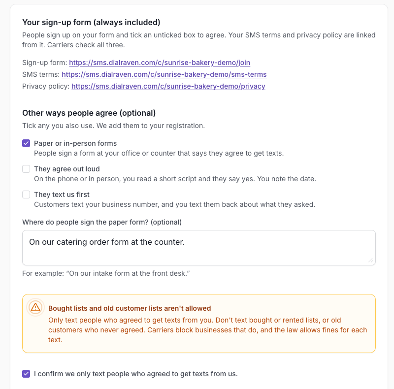 Step 3: your sign-up form, SMS Terms and Privacy Policy links, and other ways people agree