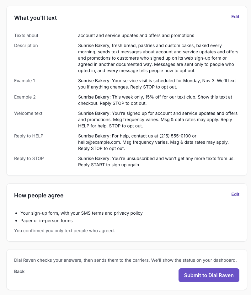 Step 4: review your business, texts and consent answers, then Submit to Dial Raven
