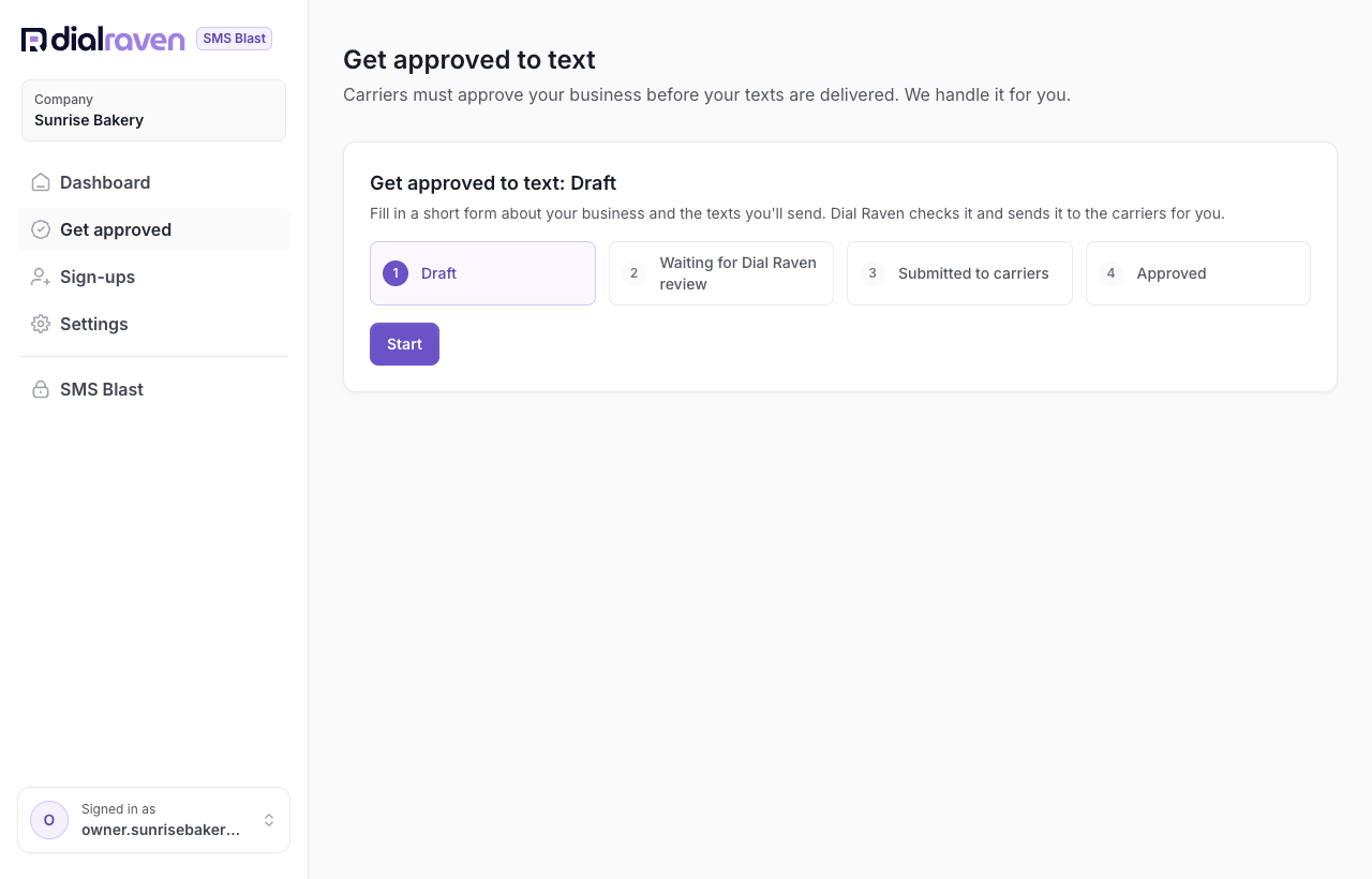The Get approved page before you start, with the status tracker on Draft