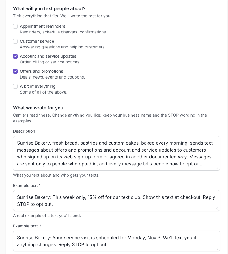 Step 2: pick what you'll text, and we write the description, example texts and HELP and STOP replies