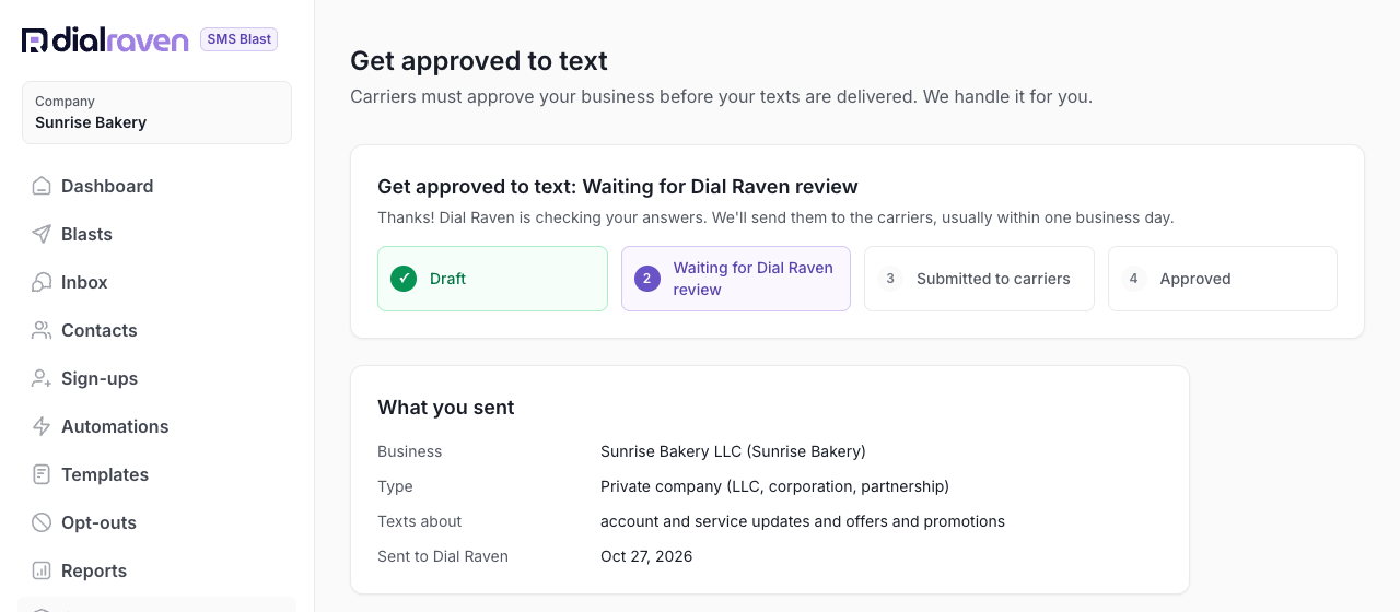 The status tracker after you submit: Waiting for Dial Raven review