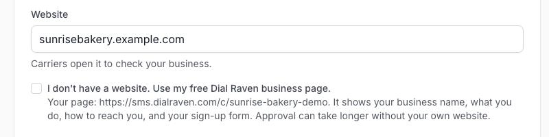 The Website field, and the option to use your free Dial Raven business page instead