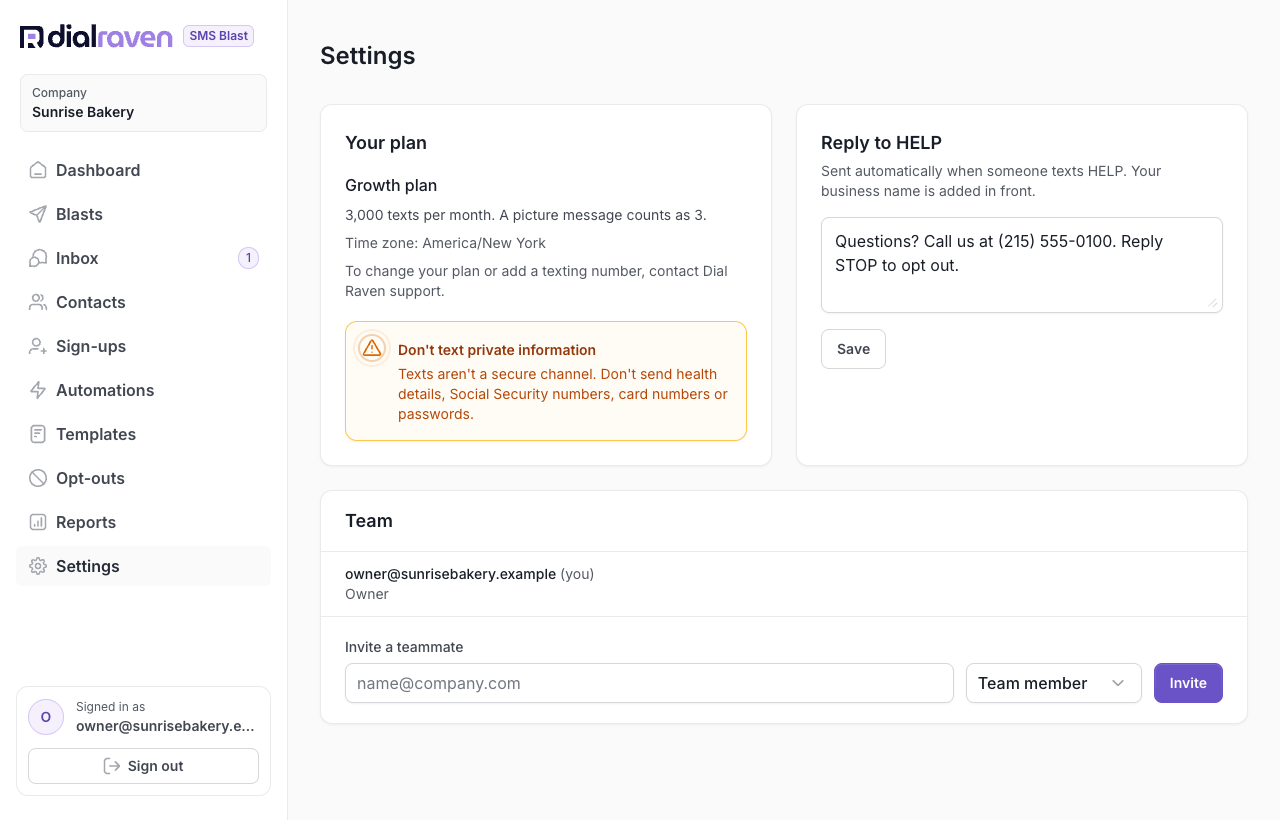 The Settings page with plan, HELP reply and team