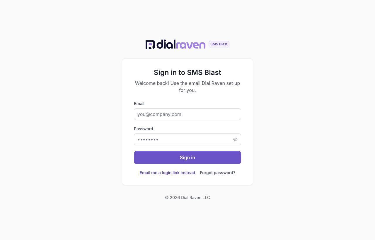 The SMS Blast sign-in page