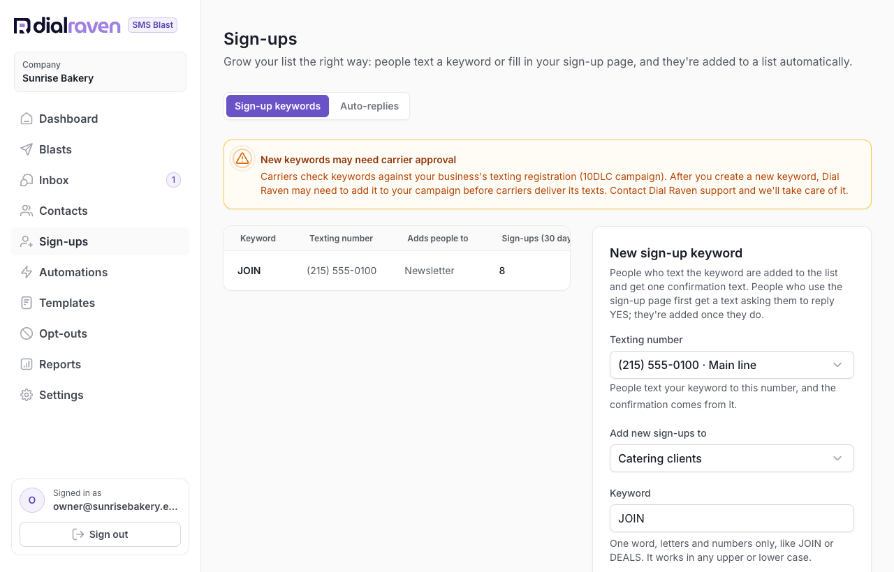 The Sign-ups page with a keyword, its sign-up link and ready-to-post line