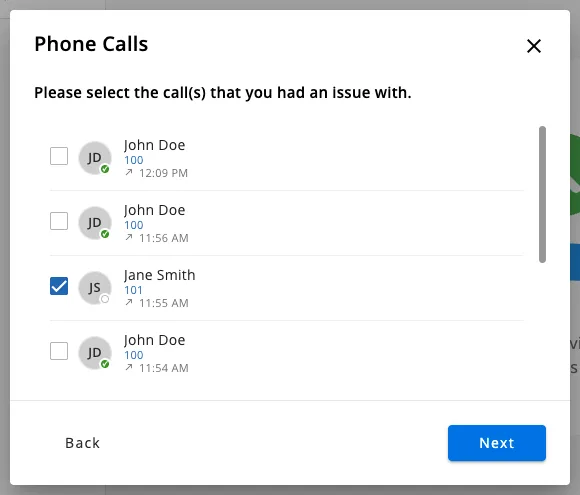 The Phone Calls step of Report an Issue with recent calls to tick and the Next button