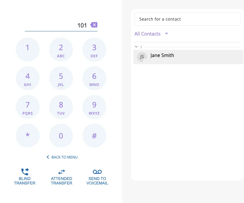The transfer screen with a coworker selected and the BLIND TRANSFER, ATTENDED TRANSFER, and SEND TO VOICEMAIL buttons