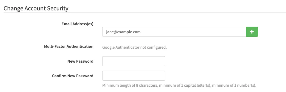 The Change Account Security section of a user's profile with the email address, New Password and Confirm New Password fields