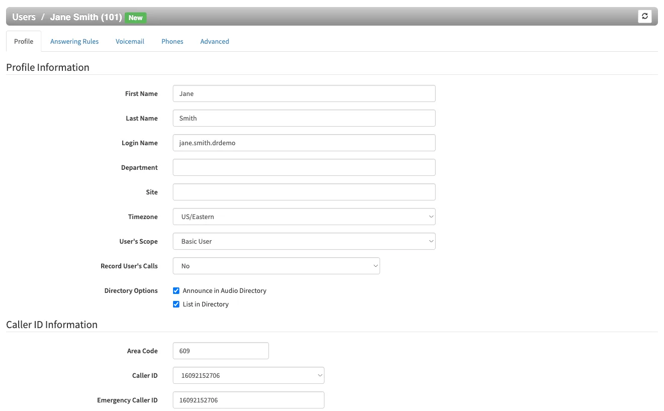 A user's Profile tab showing the Profile Information and Caller ID Information sections