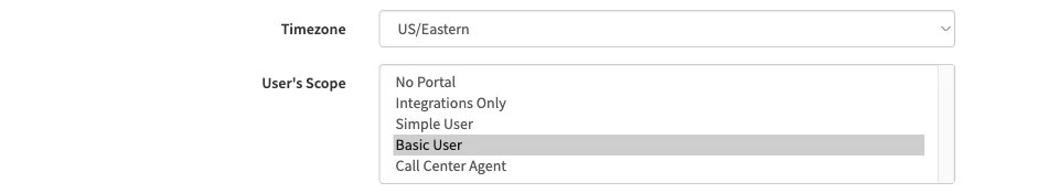 A user's Profile tab with the User's Scope list opened, showing No Portal, Integrations Only, Simple User, Basic User and Call Center Agent
