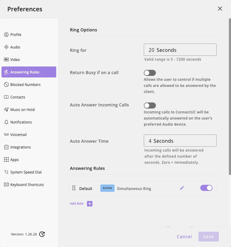 The Answering Rules section with Ring for, Return Busy if on a call, and the Default rule with its on/off toggle