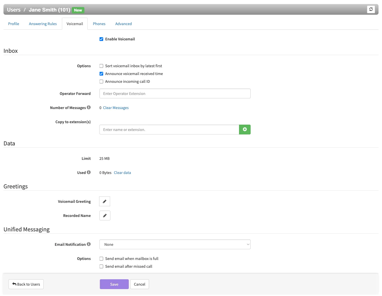 A user's Voicemail tab showing Enable Voicemail and the Inbox, Data, Greetings and Unified Messaging sections