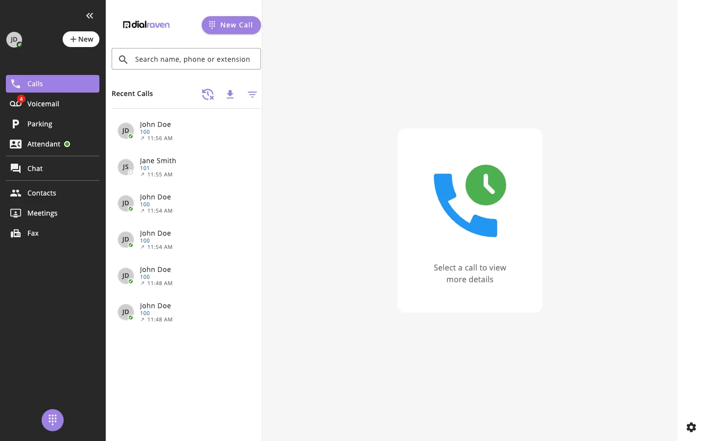 The ConnectUC web app after sign-in, with Calls, Voicemail, Parking, Chat, Contacts, Meetings, and Fax in the left-side menu