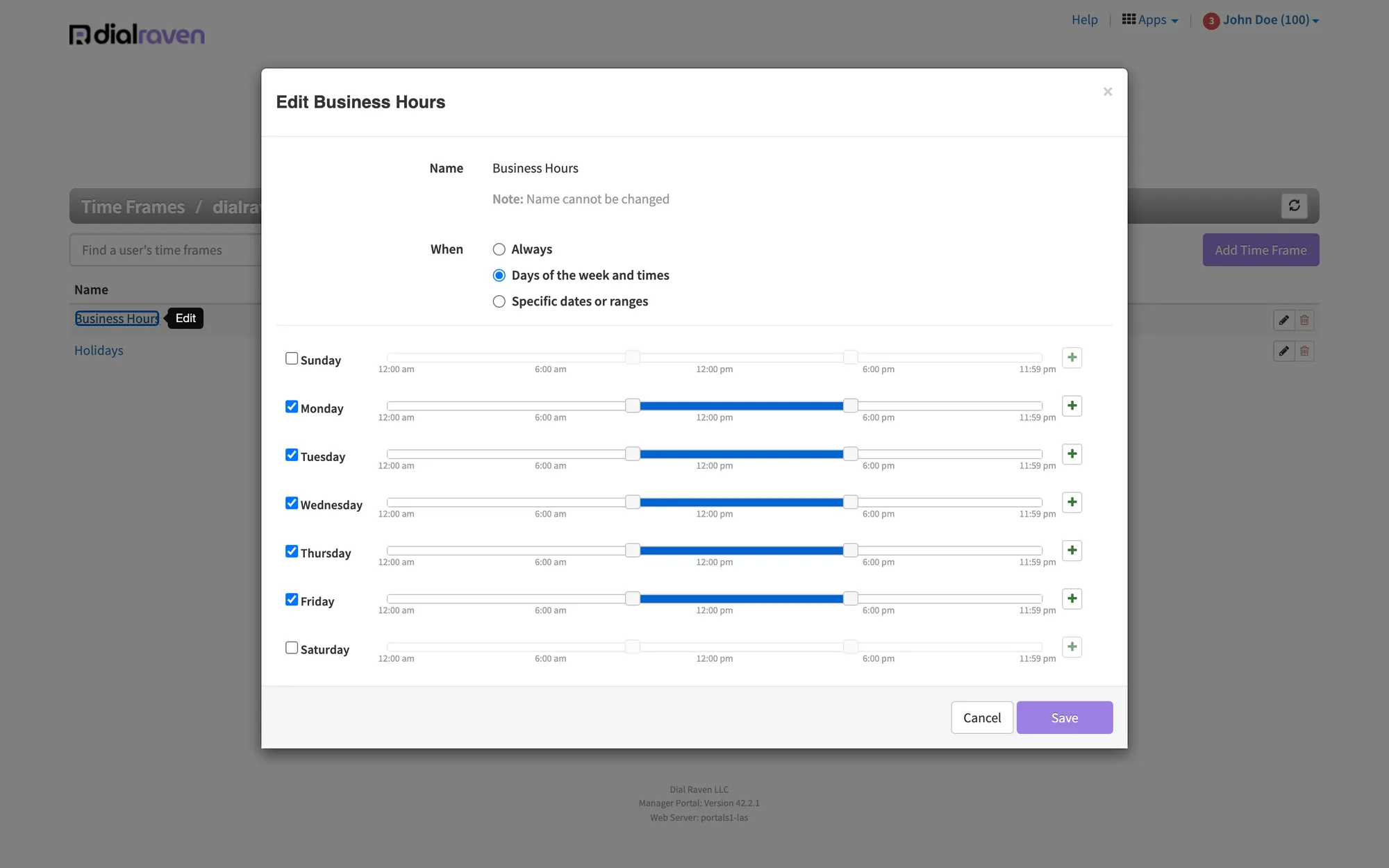 Manager Portal: Business hours and holidays